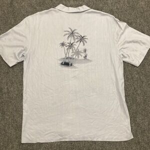 Jos. A. Bank Men Button Shirt LARGE Blue Palm Tree Print Short Sleeve 100% Silk